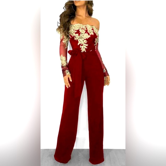 Pants - Elegant Red Lace Jumpsuit, no tag, size would fit M